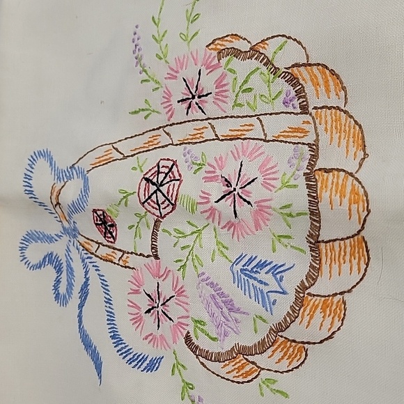 Vintage Embroidered Floral Basket & Blue Trim 15" x 42" Table Runner - Picture 2 of 7